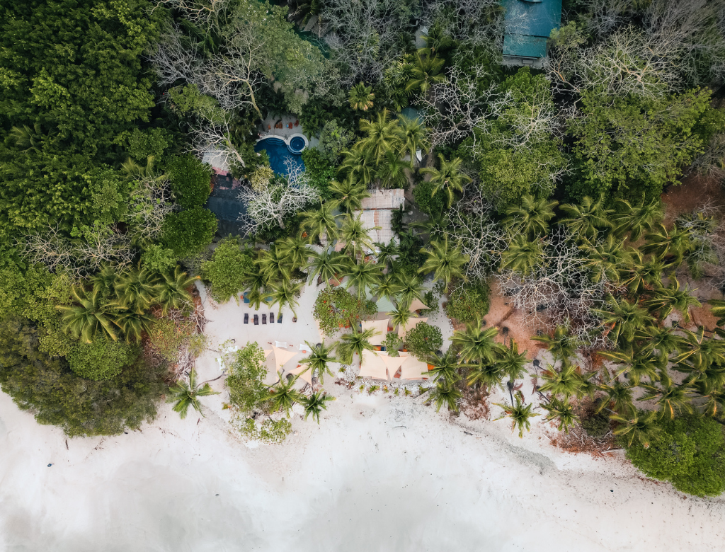 Aerial view of Trópico Latino beachfront hotel in Santa Teresa, Costa RicaHealthy retreat meal served at Shambala Restaurant at Trópico Latino